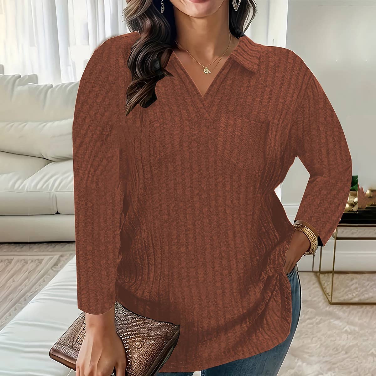 V-NECK POCKET BAGGY PIT STRIP LONG SLEEVE SWEATER