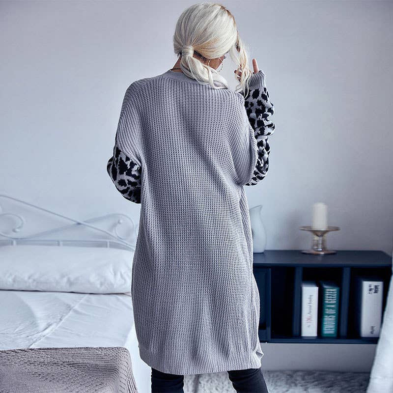 KNIT LEOPARD PRINT UNBUTTONED CARDIGAN JACKET