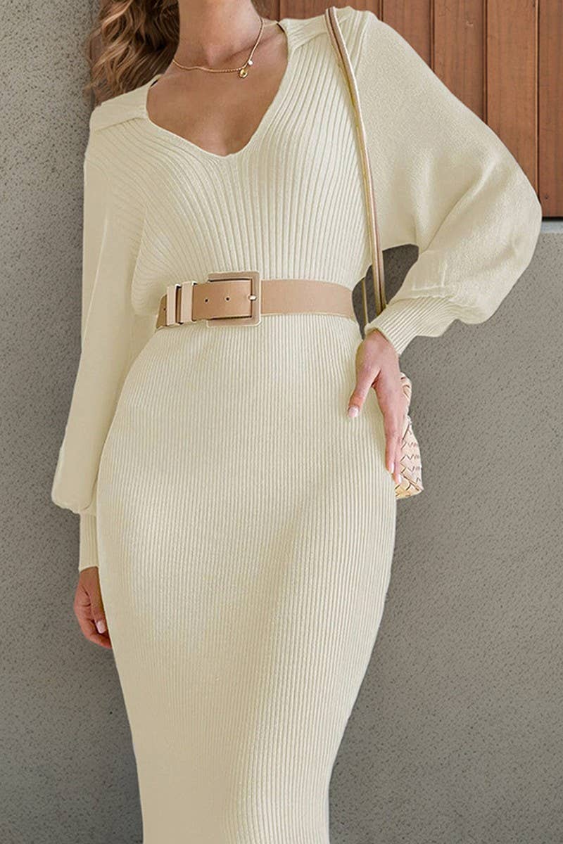 CWDMD4770_V-NECK COMMUTING KNITTED DRESS WITH TEMPERAMENT