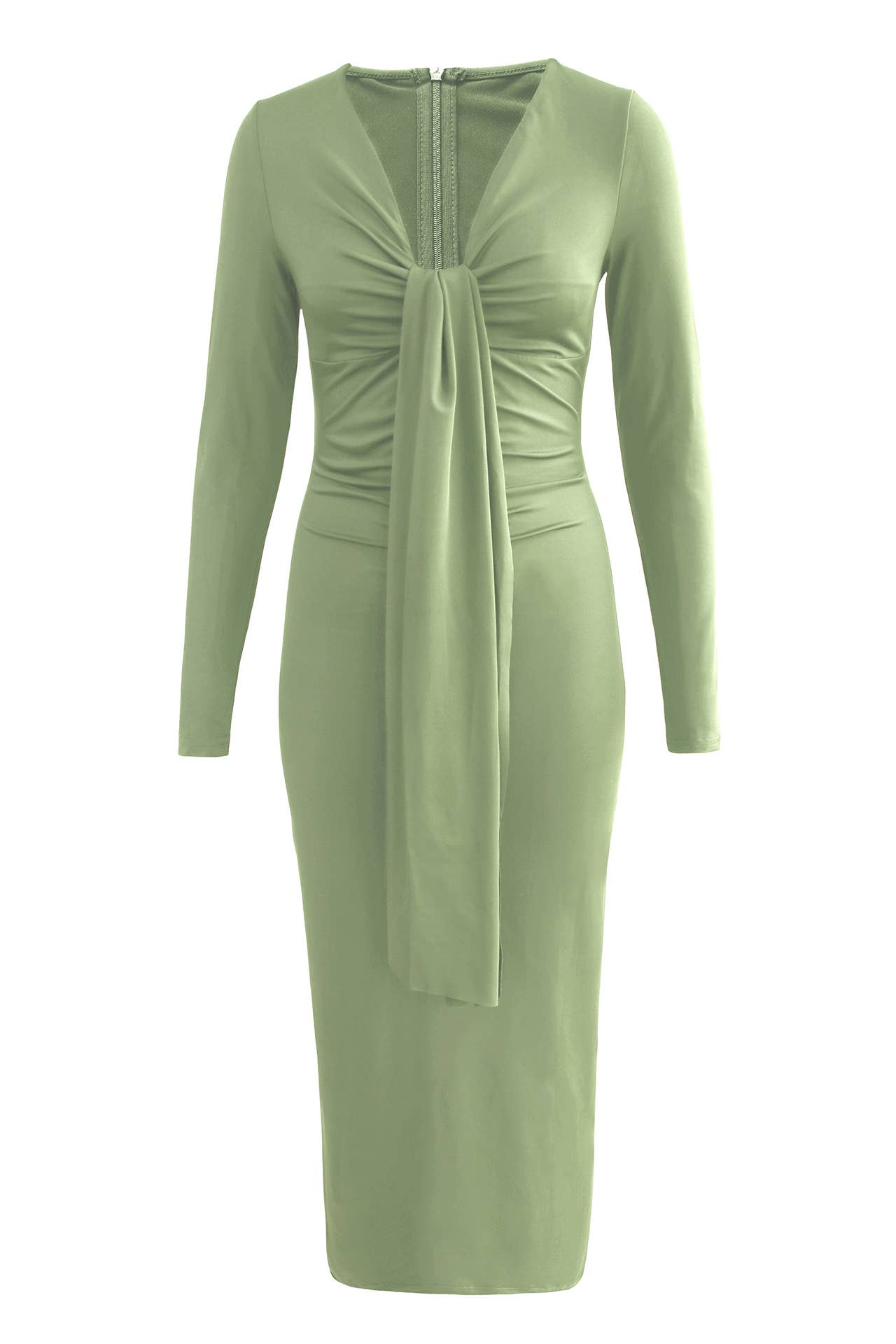 LONG SLEEVE V-NECK WAIST PLEATED LONG DRESS