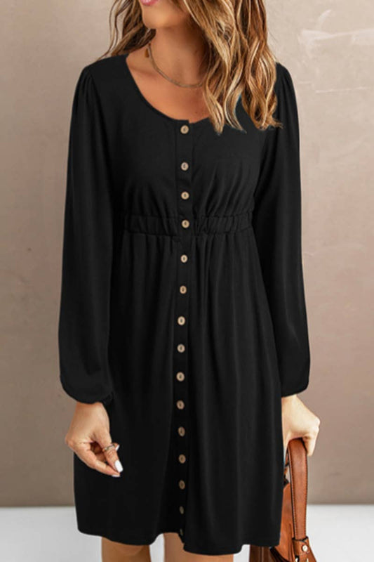 CWDSD6595_CREW-NECK SINGLE-BREASTED LONG-SLEEVED DRESS