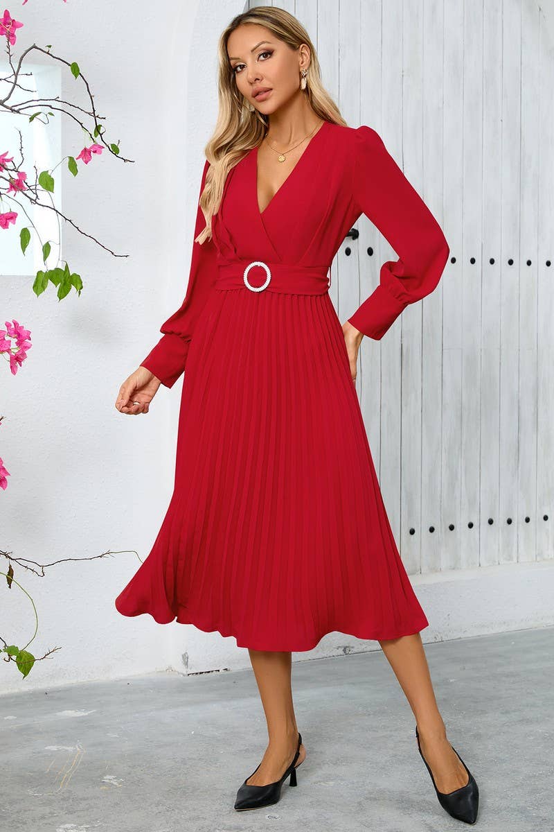 CWDMD3997_V-NECK PLEATED BELTED A-LINE MAXI DRESS