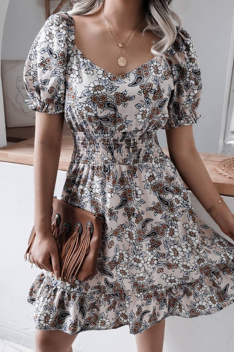 SQUARE COLLAR LANTERN SLEEVE FLORAL FLOUNCY DRESS_CWDSD2500