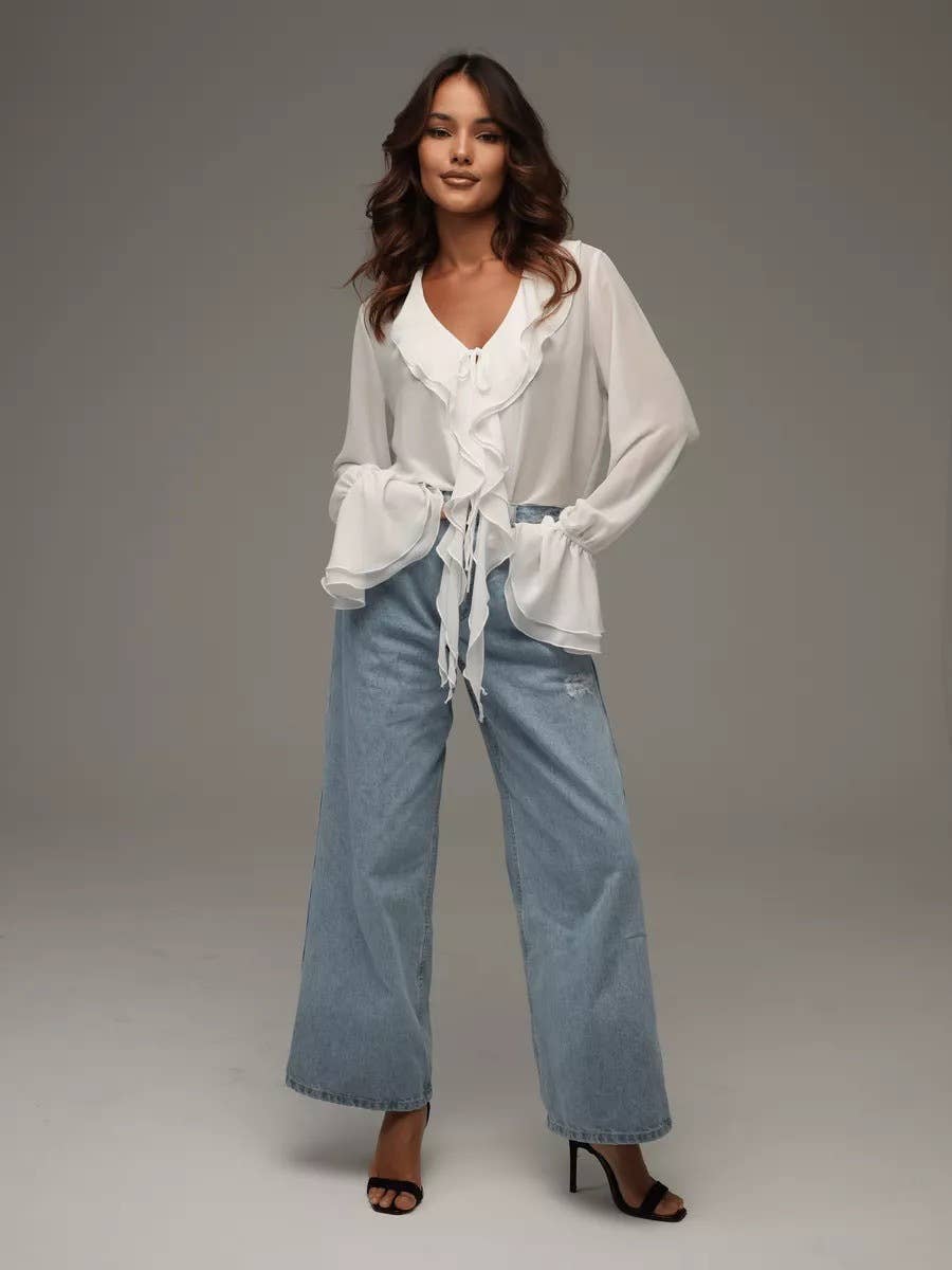 Stylish lace-up design shirt with ruffled edge