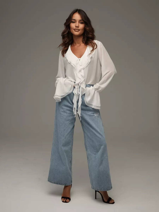 Stylish lace-up design shirt with ruffled edge