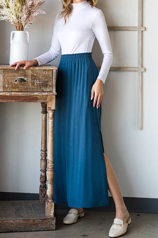 CWBLS092_MAXI SIDE SLIT DETAILED LINEN SKIRT