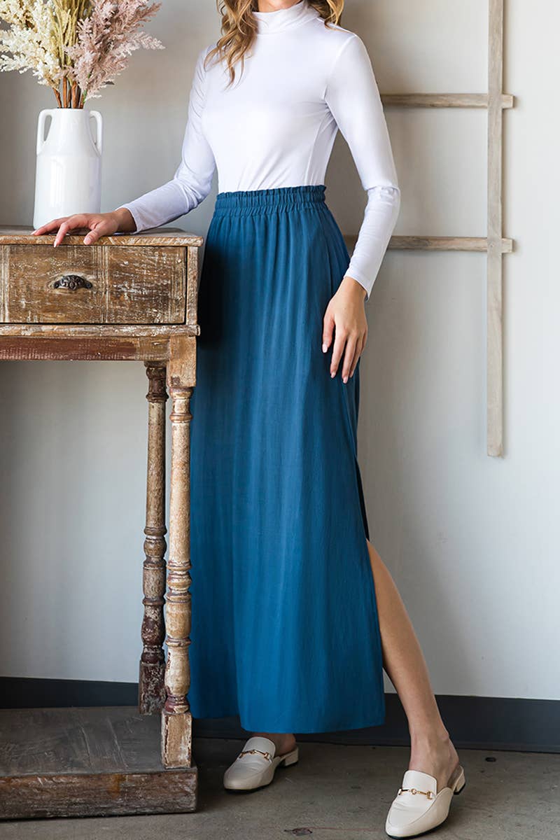 Solid color high waist drop long slit skirt