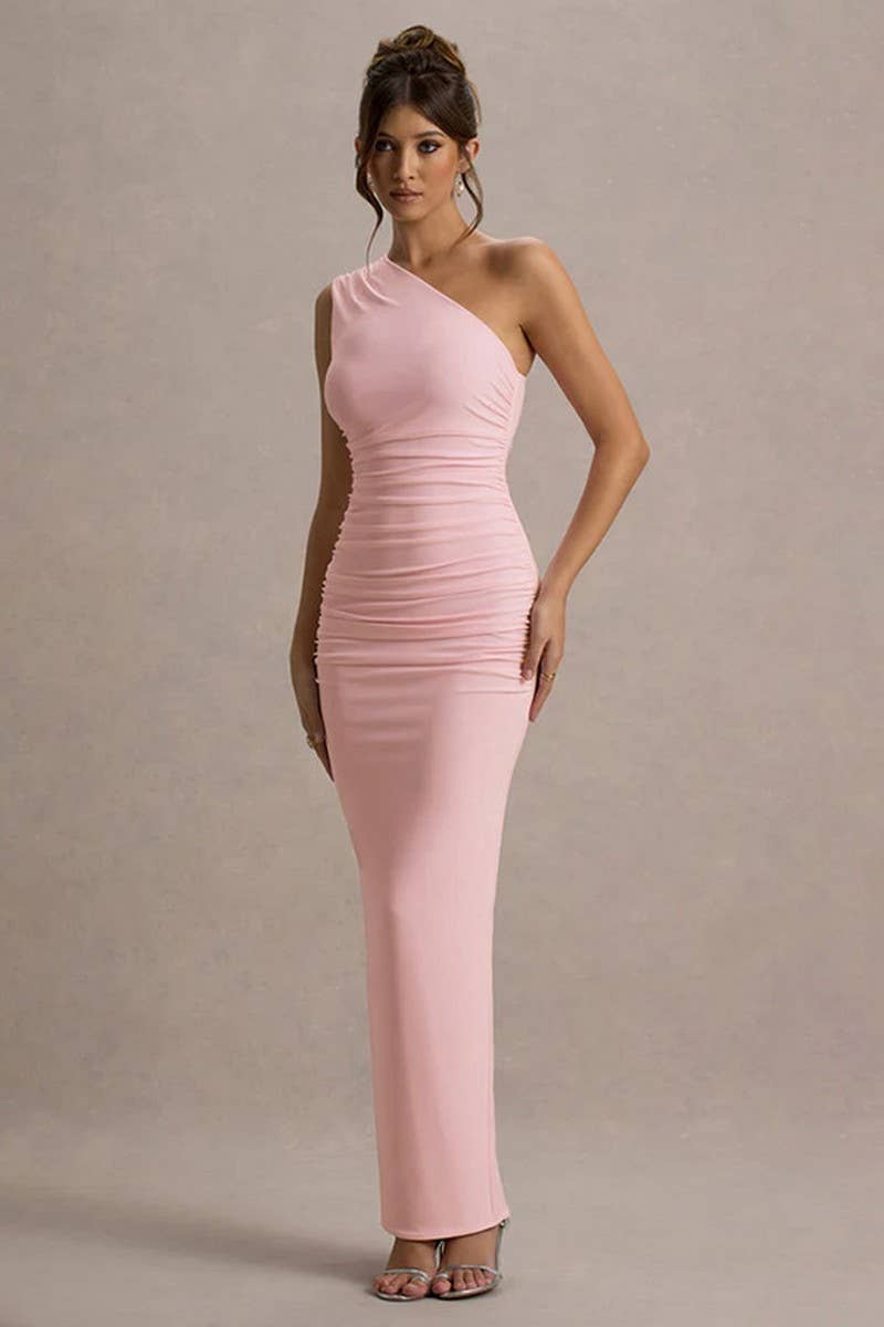 CWDMD5048_OFF-SHOULDER RUCHED BODYCON GOWN DRESS