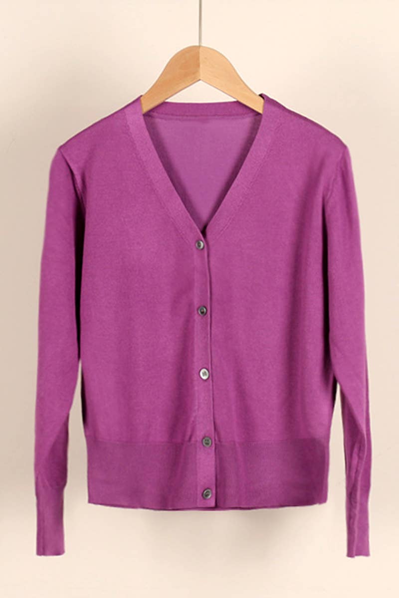 CWOCAL0333 Button Down Sleeve  V-Neck Cardigan Sweater