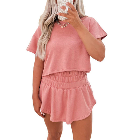 Simple casual solid color skirt two-piece set