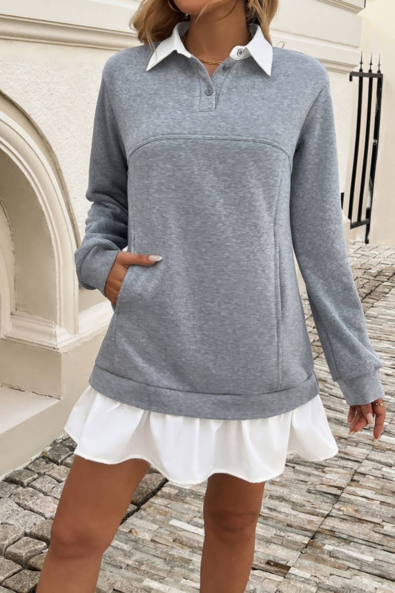 CWDSD6017_POCKET PATCHWORK LONG-SLEEVED HOODIE DRESS