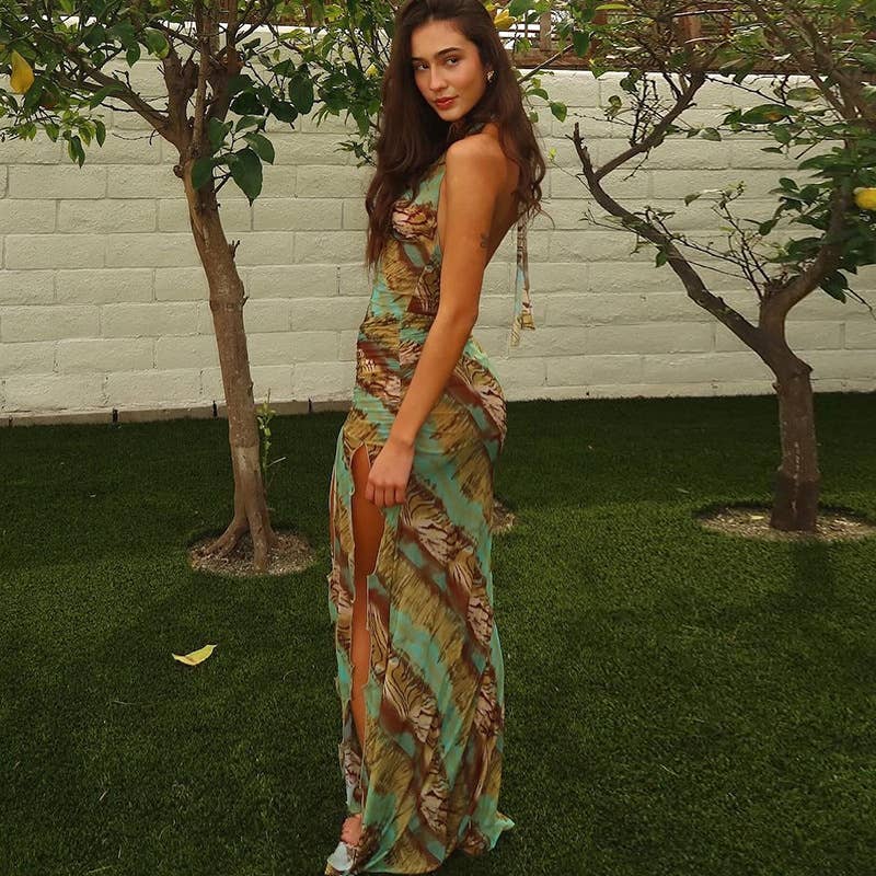 Printed V-neck, halter, split dress