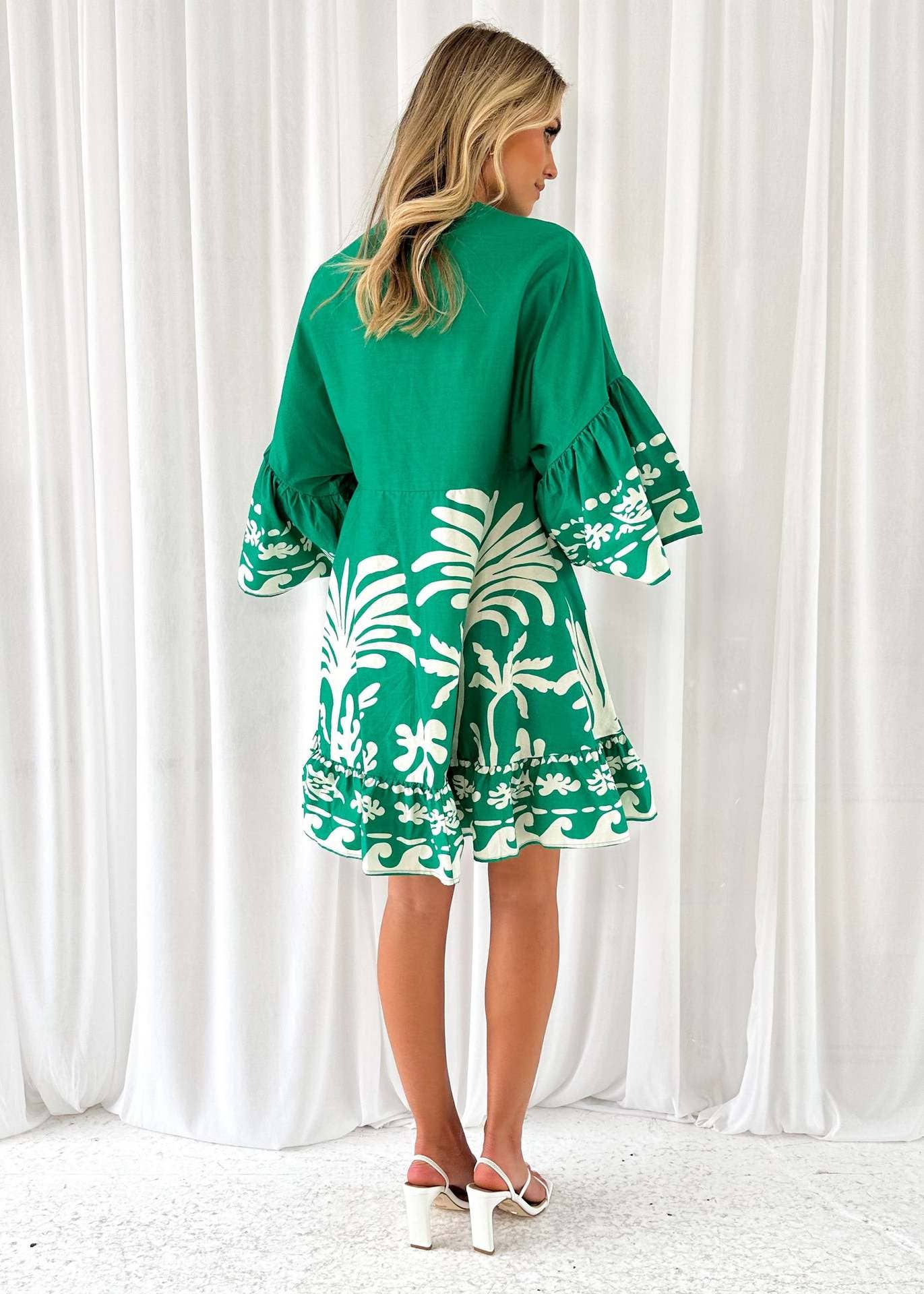 PRINT V-NECK DRESS WITH FLARED SLEEVES