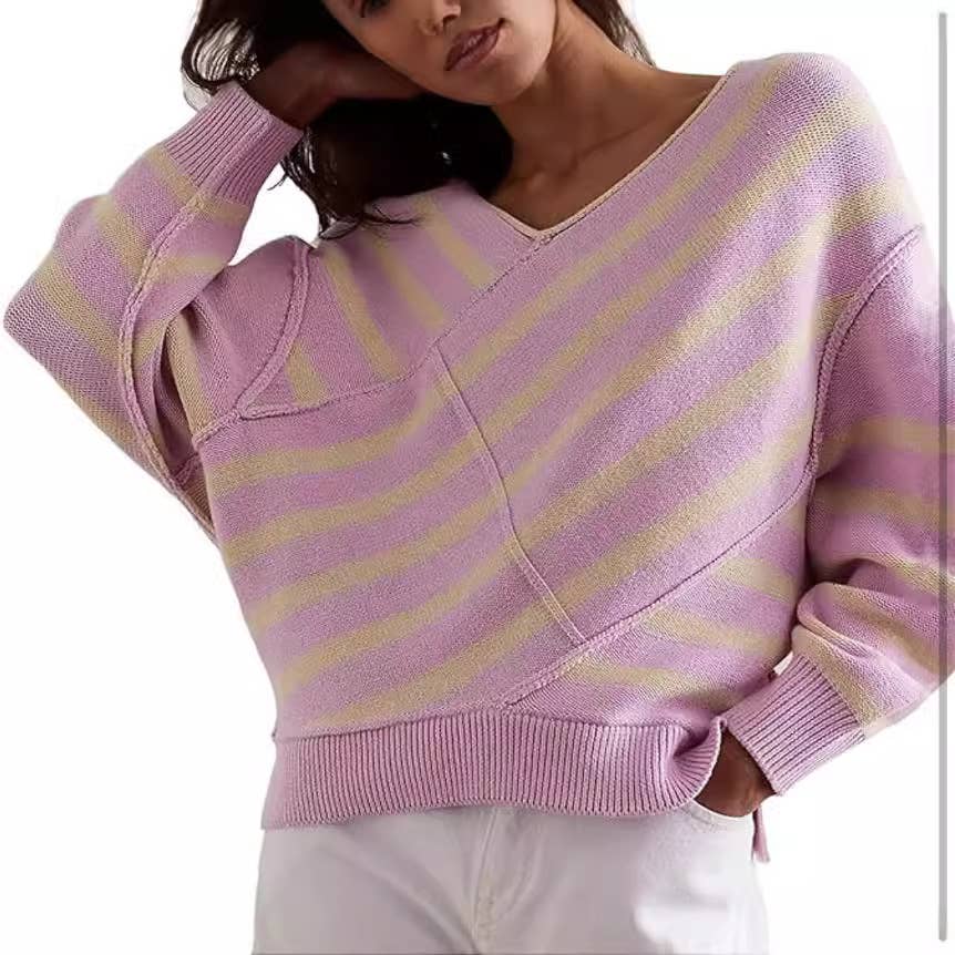 LINE NECK V-NECK COLOR MATCHING PULLOVER SWEATER