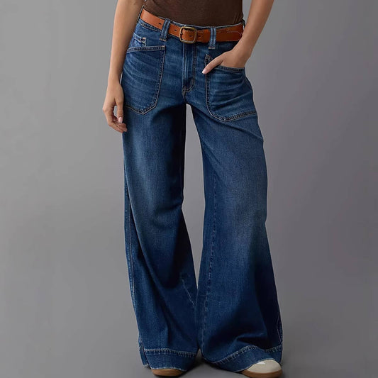 Stretchy casual wide-leg washed fashionable jeans