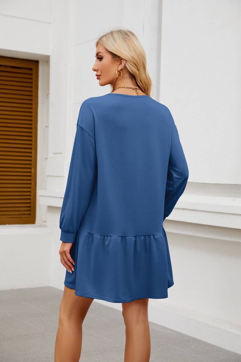 ROUND NECK LONG SLEEVE SOLID COLOR SHORT DRESS