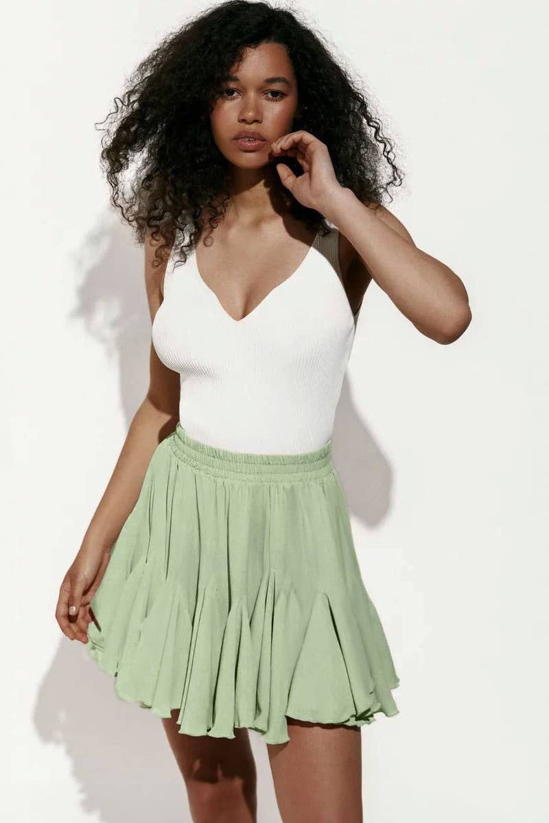 CWBSS0445_PATCHWORK RUFFLE PLEATED MINI SKIRT