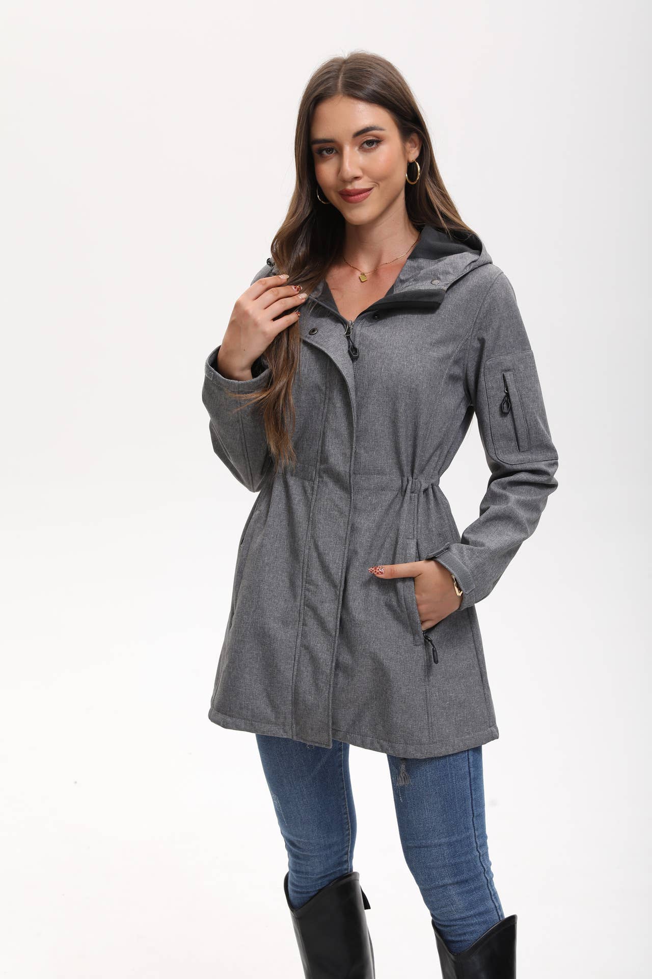 Hooded multi-pocket fleece down jacket