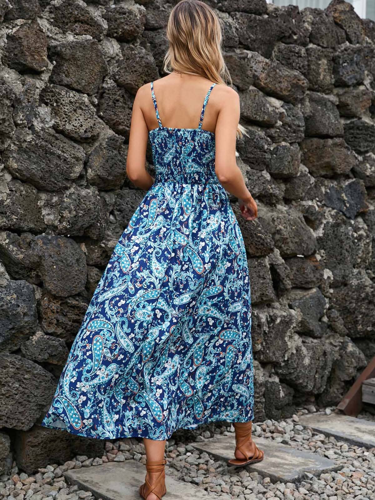 PRINTED HALTER V-NECK WAIST DRESS