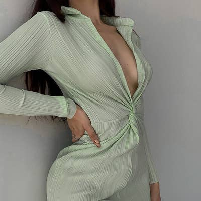 Pleated patchwork low-cut polo neck dress