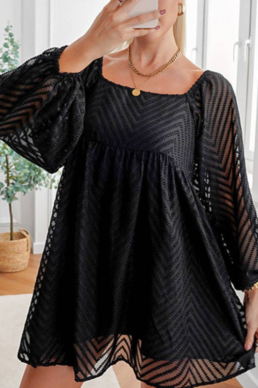 CWDSD6596_JACQUARD SQUARE COLLAR LANTERN SLEEVE DRESS SHORT