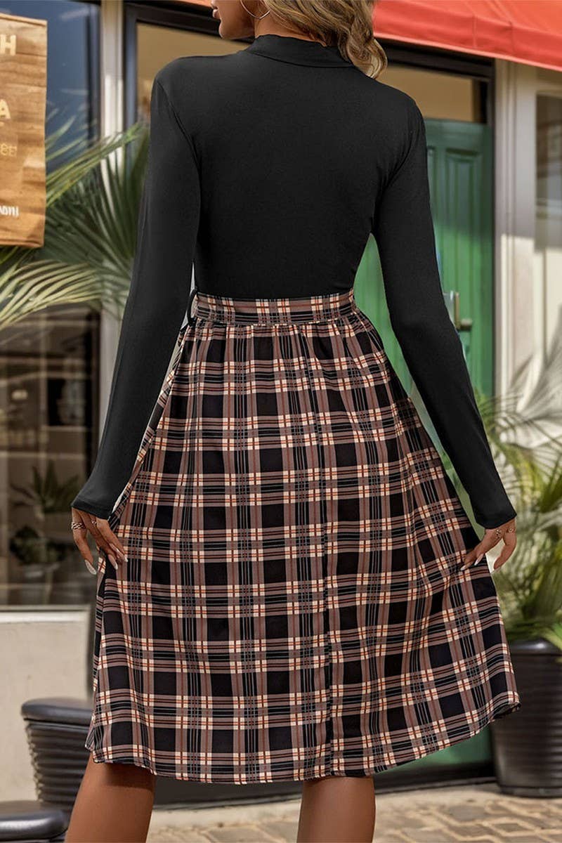 CWBMS0180_AB PATCHWORK STAND COLLAR SLIM FIT PLAID DRESS