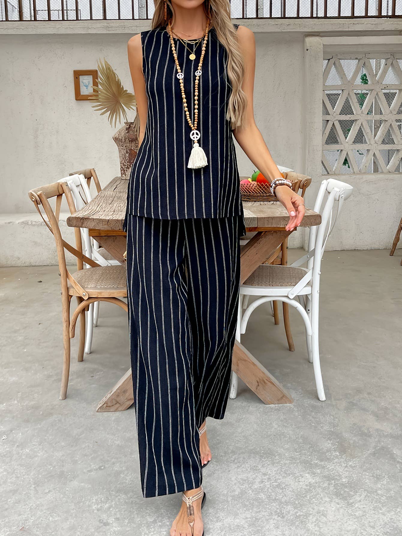 Striped tank top wide leg pants loose suit