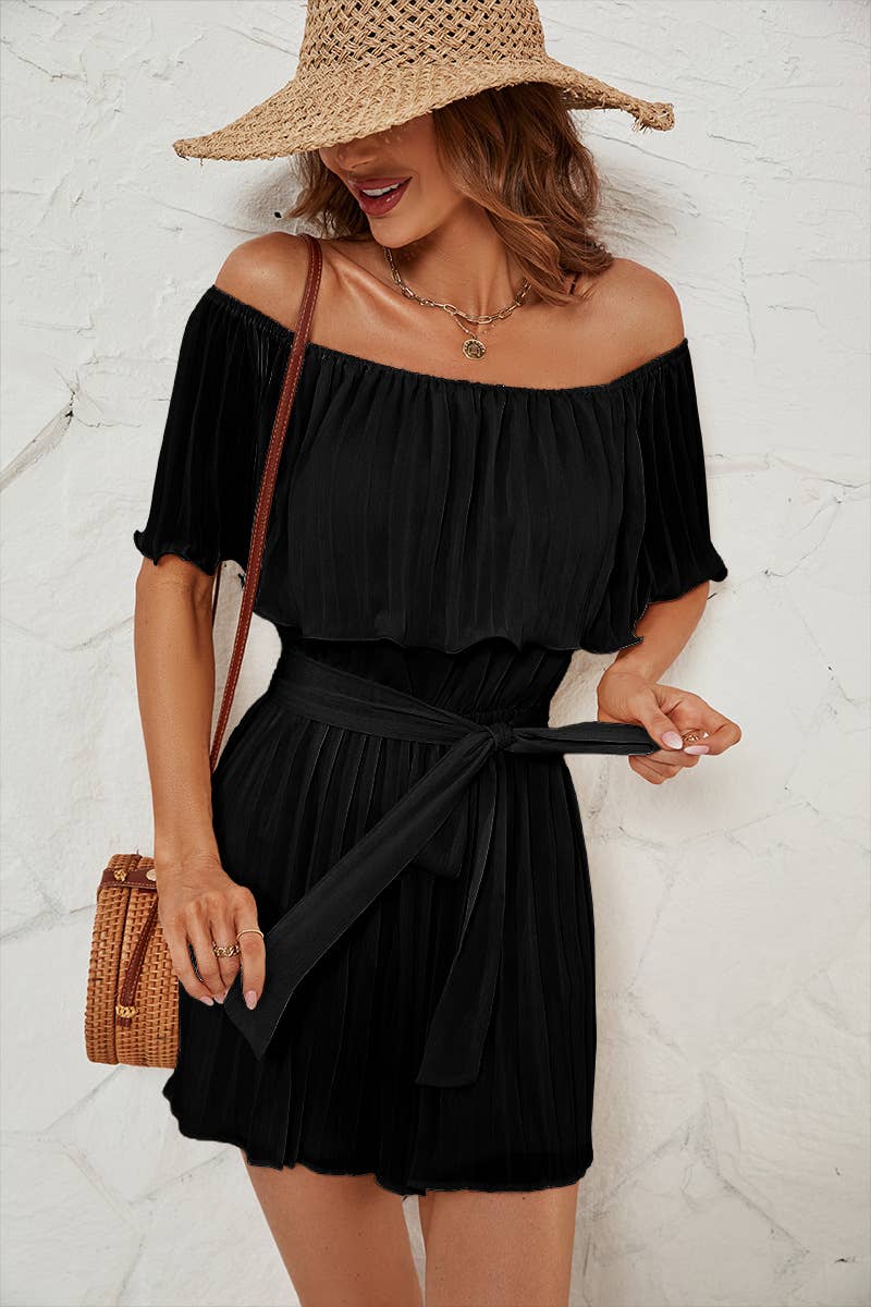 ONE-LINE NECK PLEATED FIVE-SLEEVED JUMPSUIT
