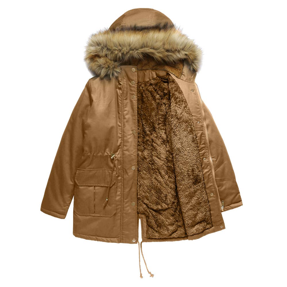 HOODED FUR COLLAR AND FLEECE PADDED JACKET
