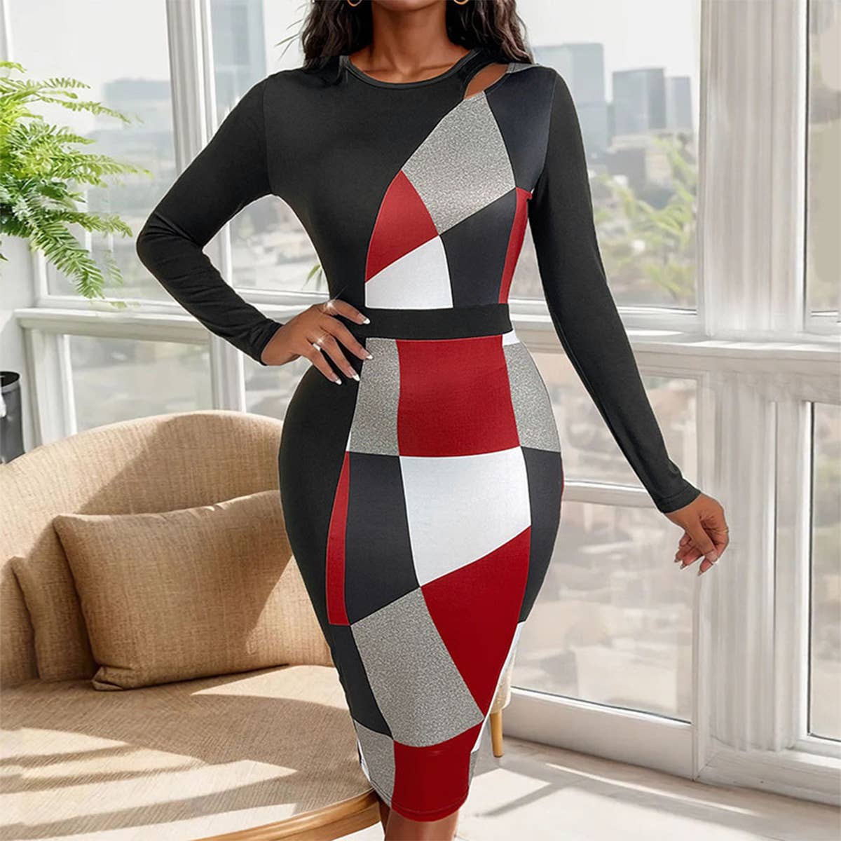 SLIM COMMUTER GEOMETRIC PRINT DRESS