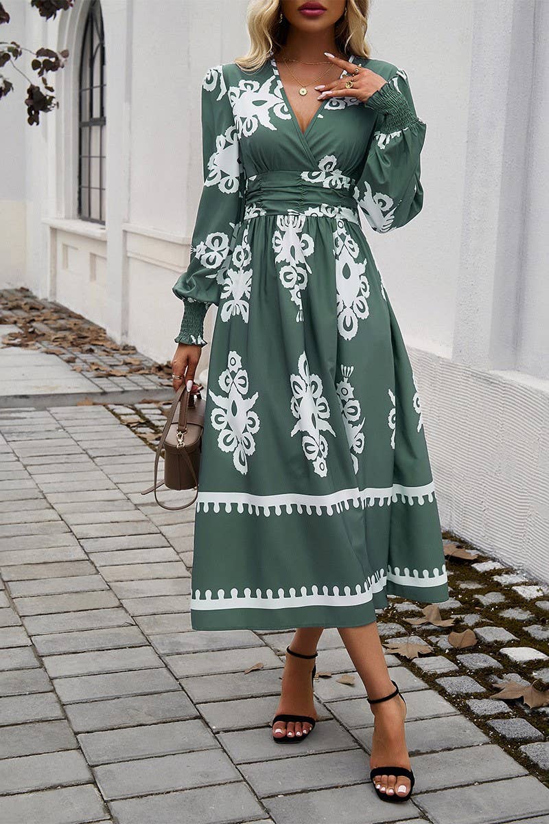CWDMD4866_V-NECK ELEGANT CONTRAST COLOR LONG SLEEVE DRESS