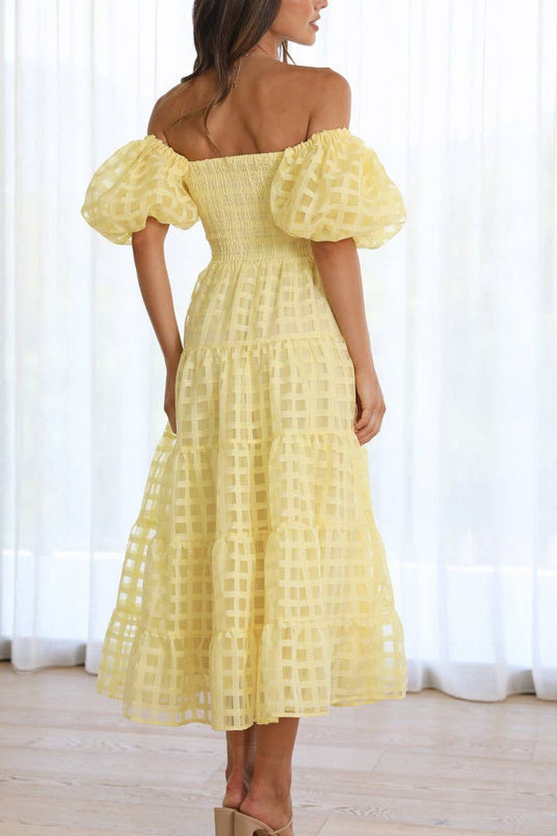 CWDMD5648_OFF SHOULDER LANTERN SLEEVE TIERED RUFFLE DRESS