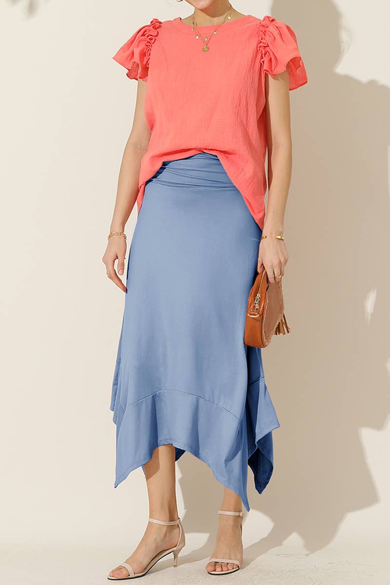 CWBLS088_LONG FLOWY HANDKERCHIEF HEMLINE WAIST SKIRT