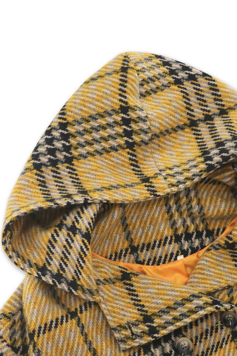 CWOCO0942_DOUBLE-BREASTED PLAID LAPEL LONG HOODED COAT