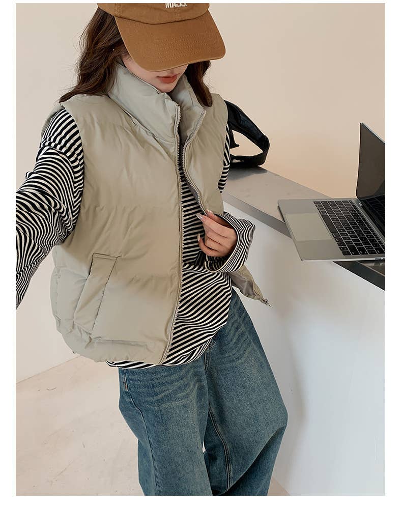 Solid-color stand-up collar thickened waistcoat