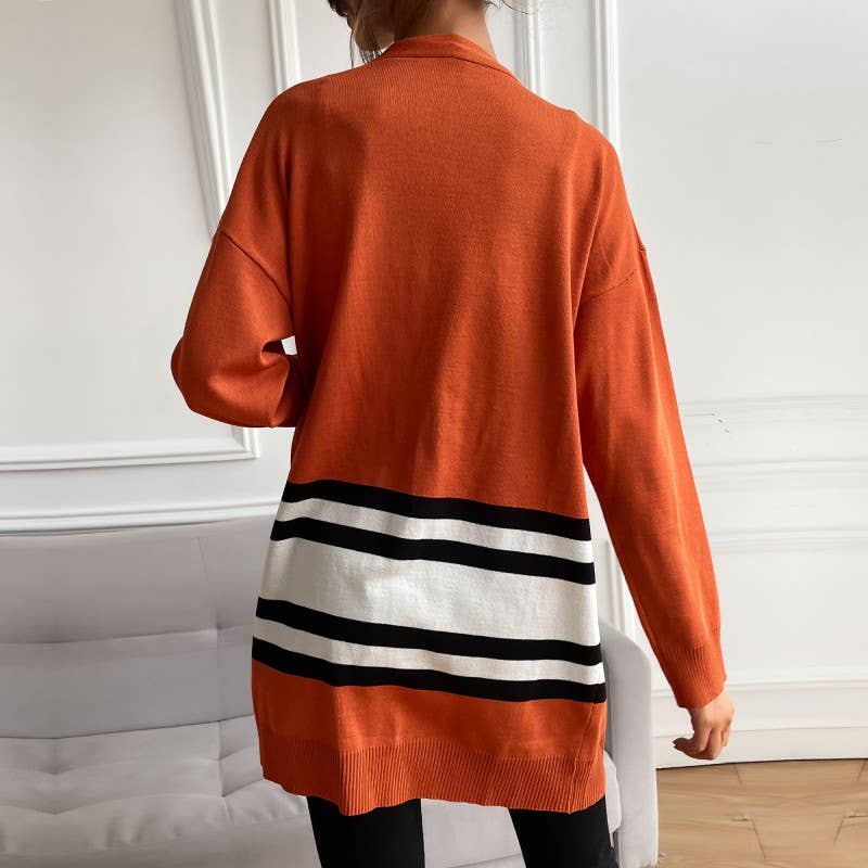 STRIPED CONTRAST COLOR KNIT CARDIGAN CASUAL