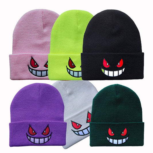 CWAH04354_EMBROIDERED CARTOON FACE KNIT BEANIE HAT