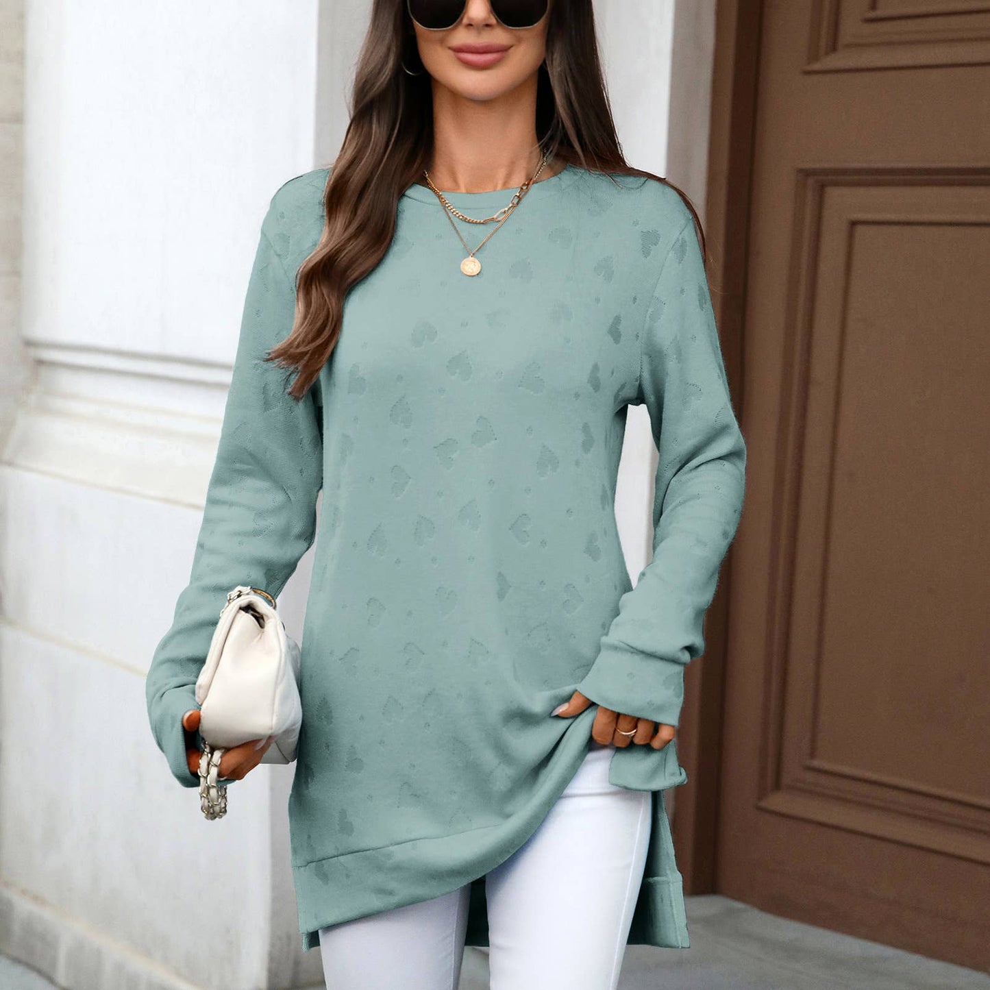 Solid-color round-neck long-sleeved slit T-shirt