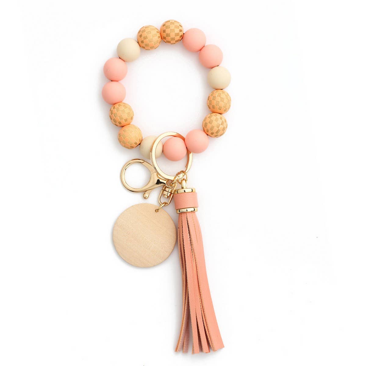 Checkerboard Wood Bead Bracelet Silicone Keychain_CWMM6877