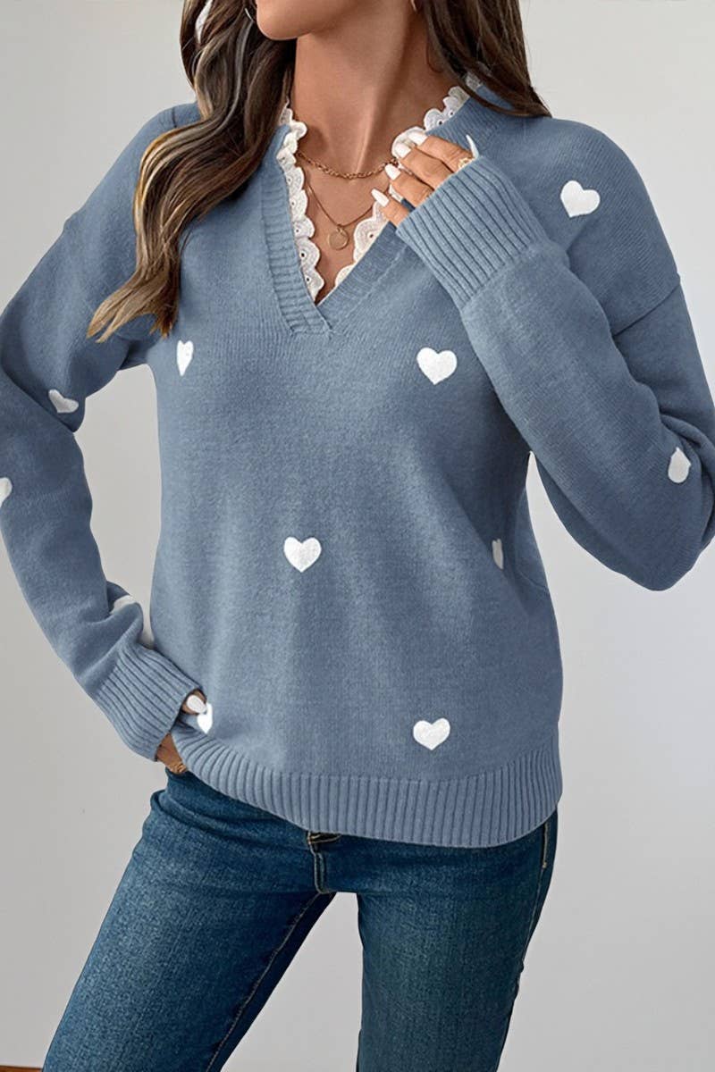 CWOSWL07115_V-NECK HEART-PRINT VALENTINE'S DAY SWEATER