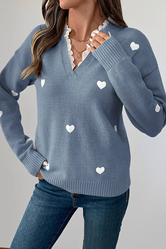 CWOSWL07115_V-NECK HEART-PRINT VALENTINE'S DAY SWEATER
