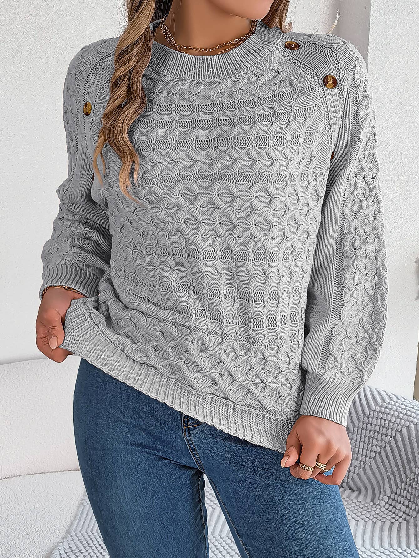 TWIST BUTTON LANTERN SLEEVE PULLOVER SWEATER