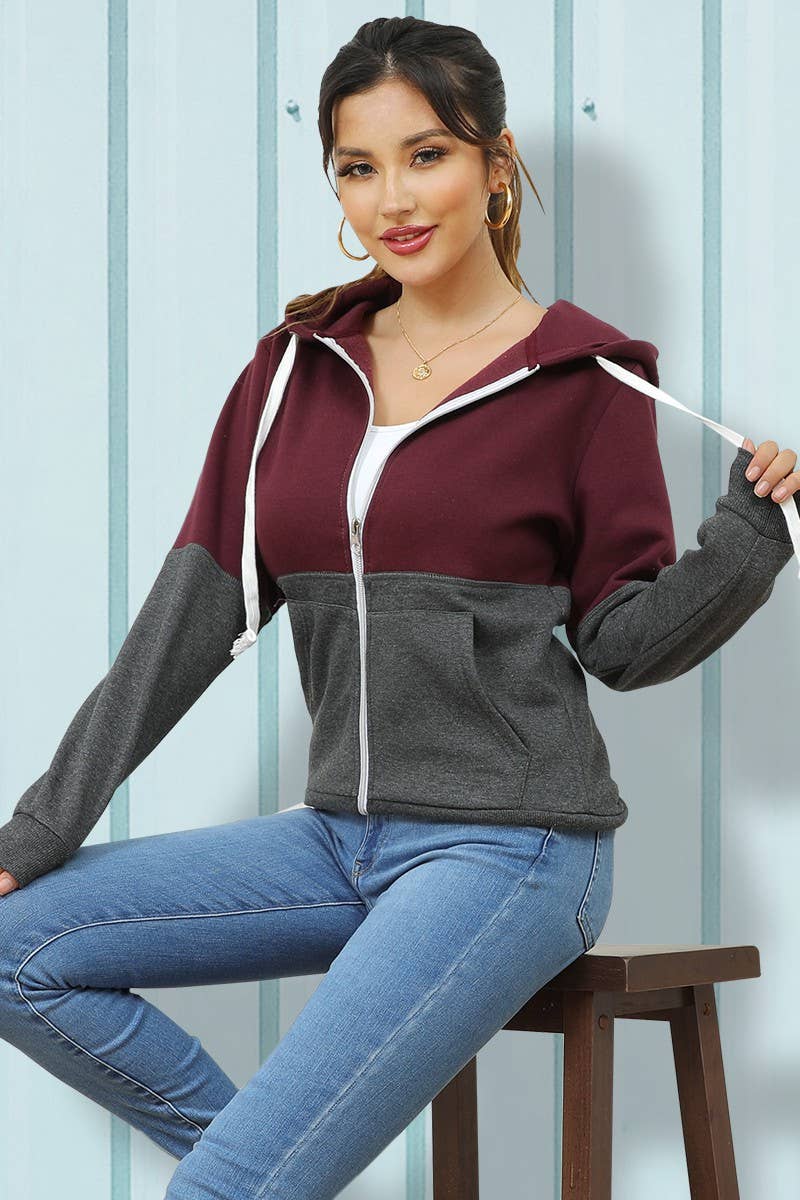 CWOHOL437_2 COLOR BLOCK ZIP-UP HOODED WITH 2 SIDE POCKETS