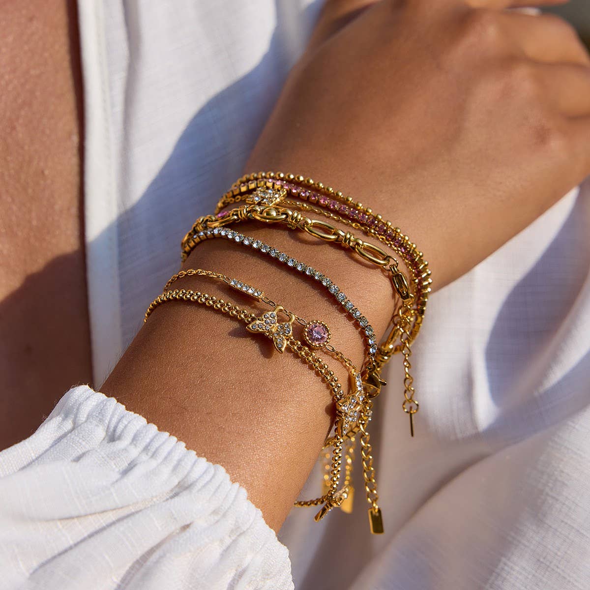 18K Gold Pink Zircon Round Chain Bracelet, Steel_CWAJE4678