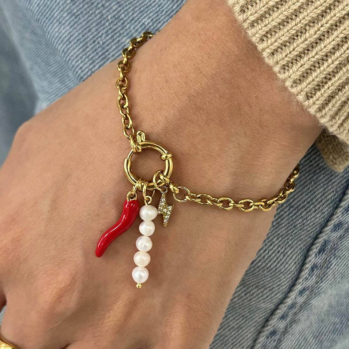18K Gold Steel Pearl Red Chili Charm Bracelet_CWAJE4891