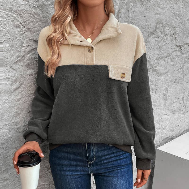 LONG SLEEVE LAPEL FLEECE SPLICED HOODIE