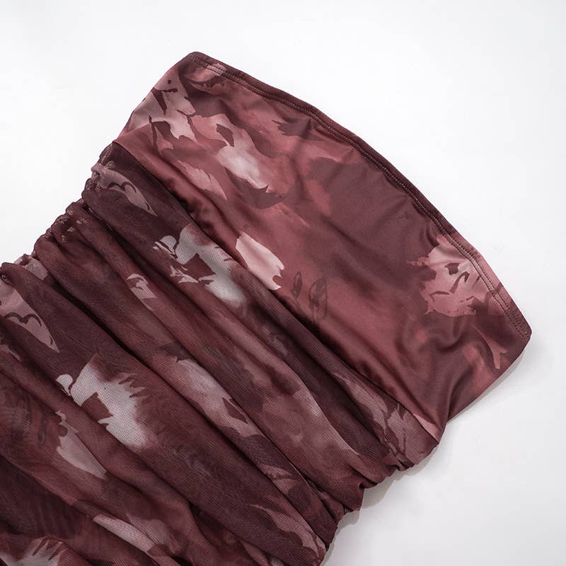 PRINTED PLEATED BODICE SLIM SPLIT SHORT DRESS