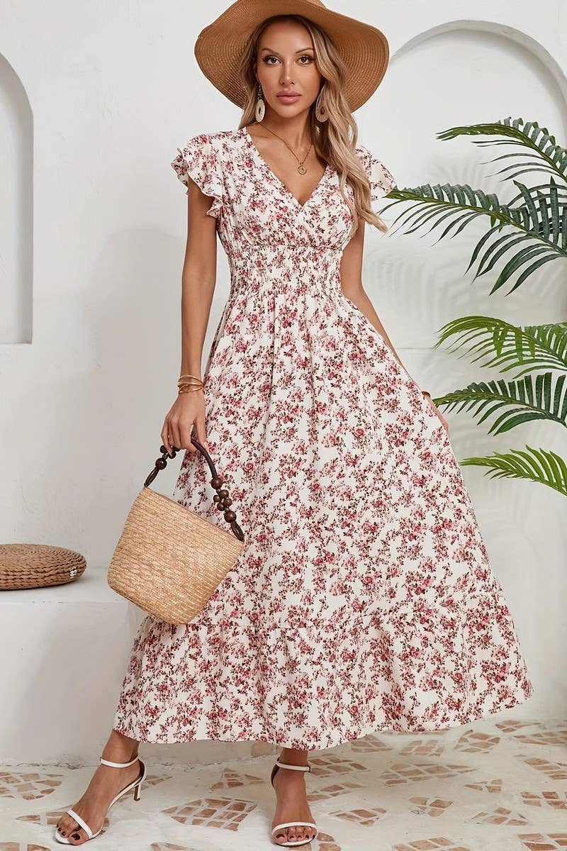 CWDMD6114_V-NECK FLORAL FRENCH STYLE SHORT SLEEVE DRESS