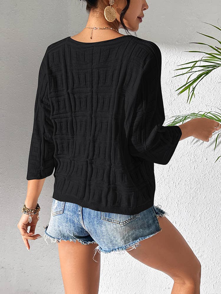 SIMPLE LOOSE KNIT SOLID COLOR PULLOVER V-NECK TOP