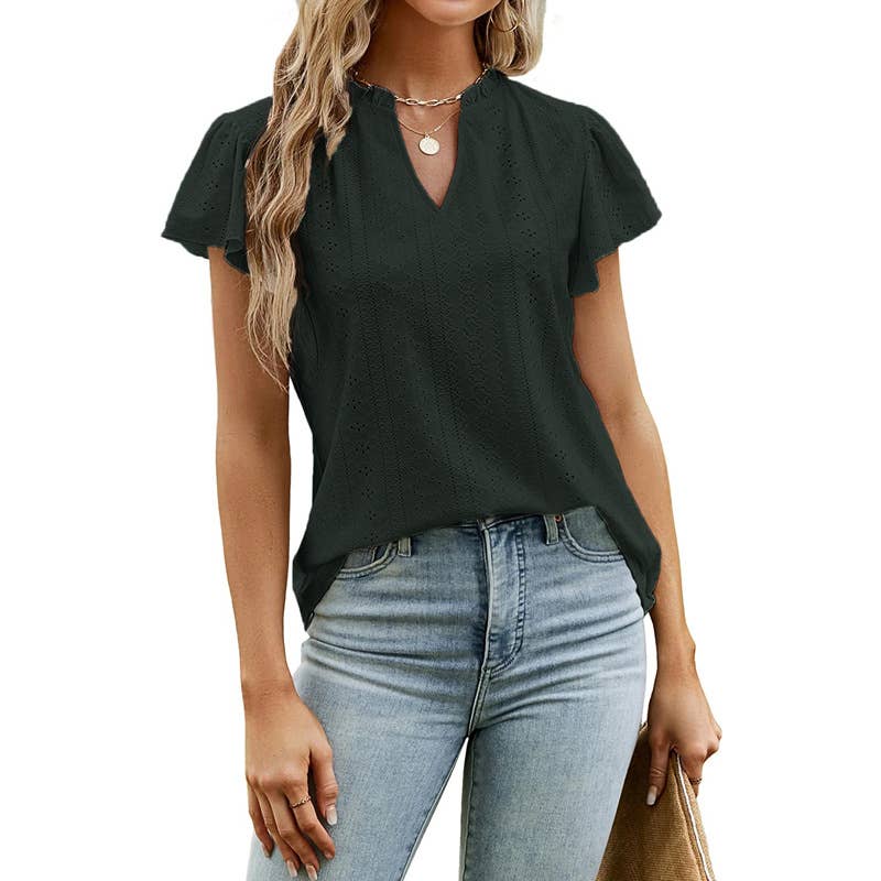 JACQUARD V-NECK STACK SLEEVE T-SHIRT TOP
